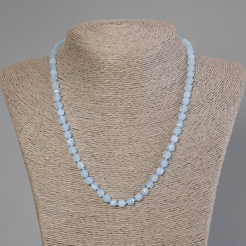 Aquamarine Bead Necklace, faceted cube beads, 5×5 mm, 50 cm long with a clasp