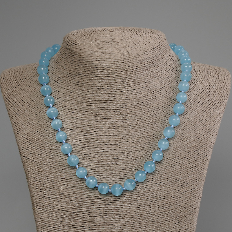 Blue Cat's Eye Necklace with smooth beads, 10 mm diameter, 50 cm length, with clasp