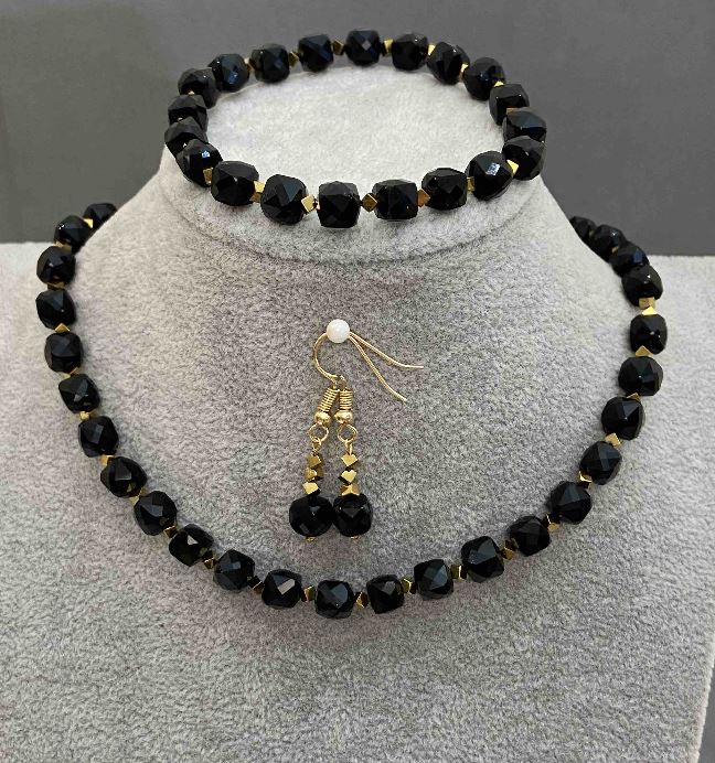 Jewelry set: choker, bracelet, and earrings; tourmaline cube 6.5×6.5 mm + hematite cube 2.5×2.5 mm