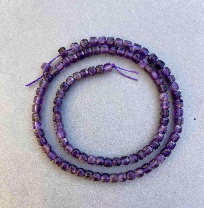 Amethyst Beads, Natural Stone Faceted Cube Beads on Thread, 4x4 mm Diameter, 38 cm Length