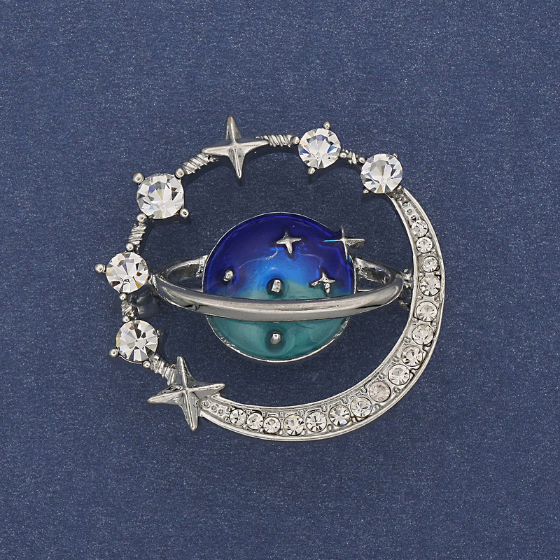 Planet Brooch with enamel, white crystals, silver metal, 30mm+