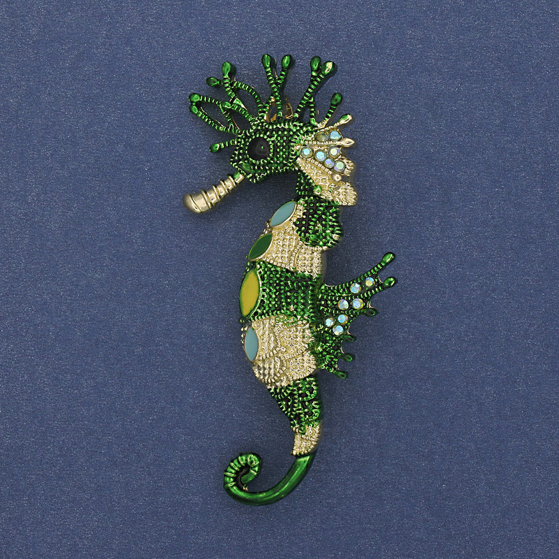 Seahorse Brooch-Pendant with Colored Rhinestones, Green and Gold Enamel, Gold-Tone Metal, 63x31 mm+