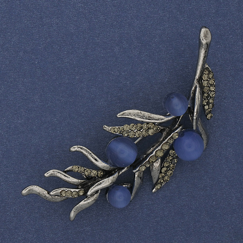 Twig Brooch with Blue Cat's Eye, Gray Rhinestones, 67x26mm, Silver-Toned Metal