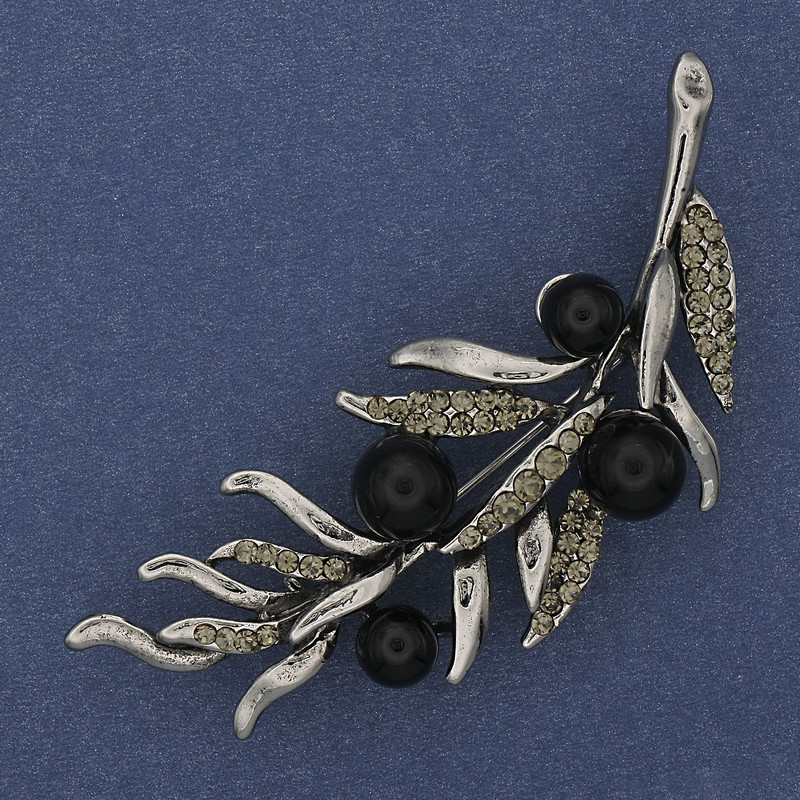 Brooch 'Twig of Agate' with Gray Crystals 67x26 mm Silvery Metal