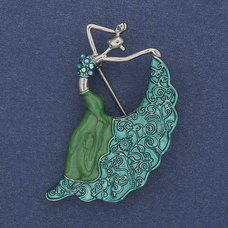 Brooch Dancer with green enamel and crystals, silver metal, 26x46mm+