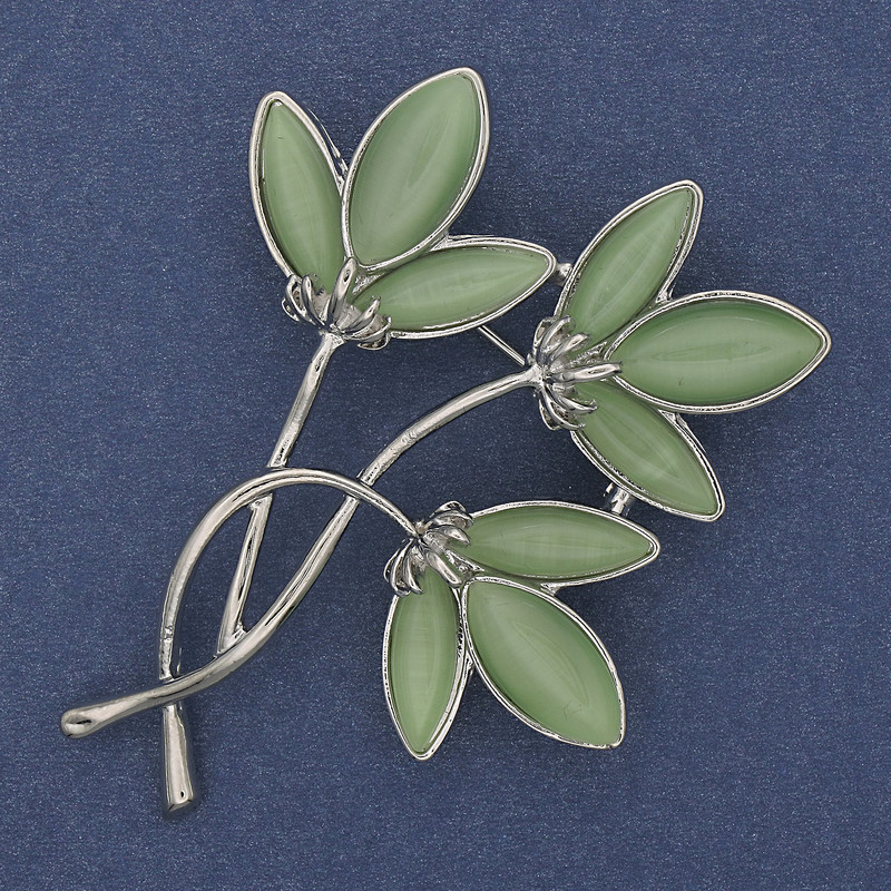 Брошка кулон Квітка Котяче Око сріблястий метал 44х62мм+