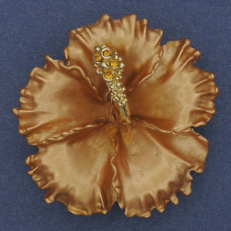 Brooch pendant Petunia Flower, matte enamel, yellow crystals, golden metal, 51x51mm+