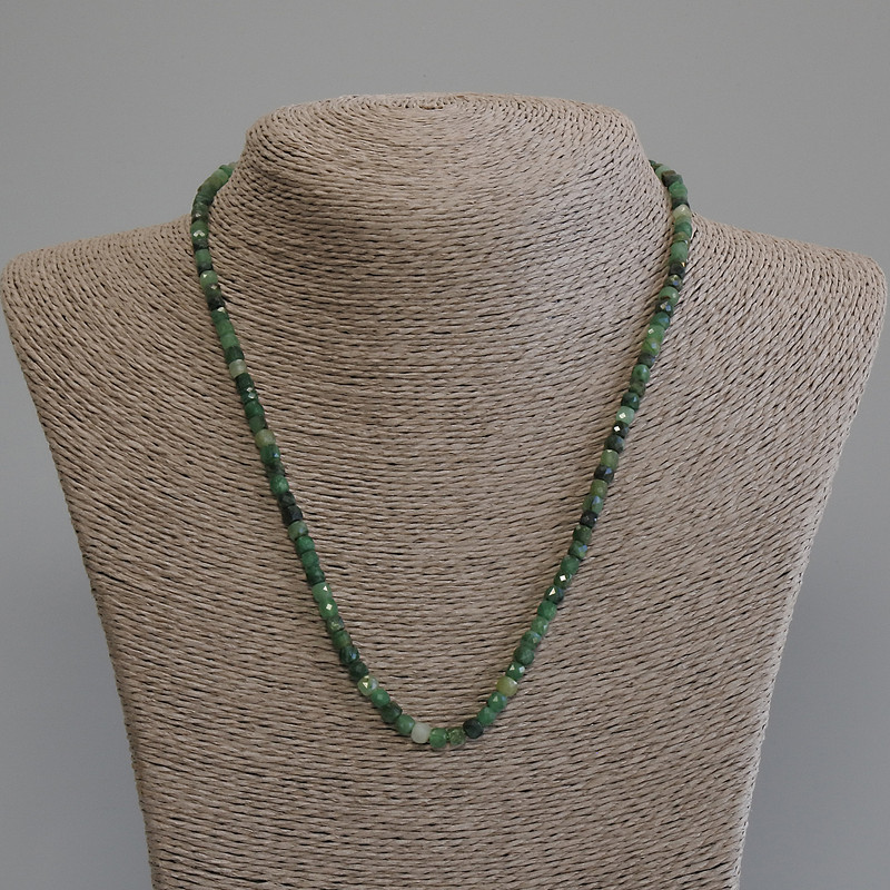 Emerald Bead Necklace with Faceted Cube, 3.5 x 3.5 mm, 50 cm long with clasp