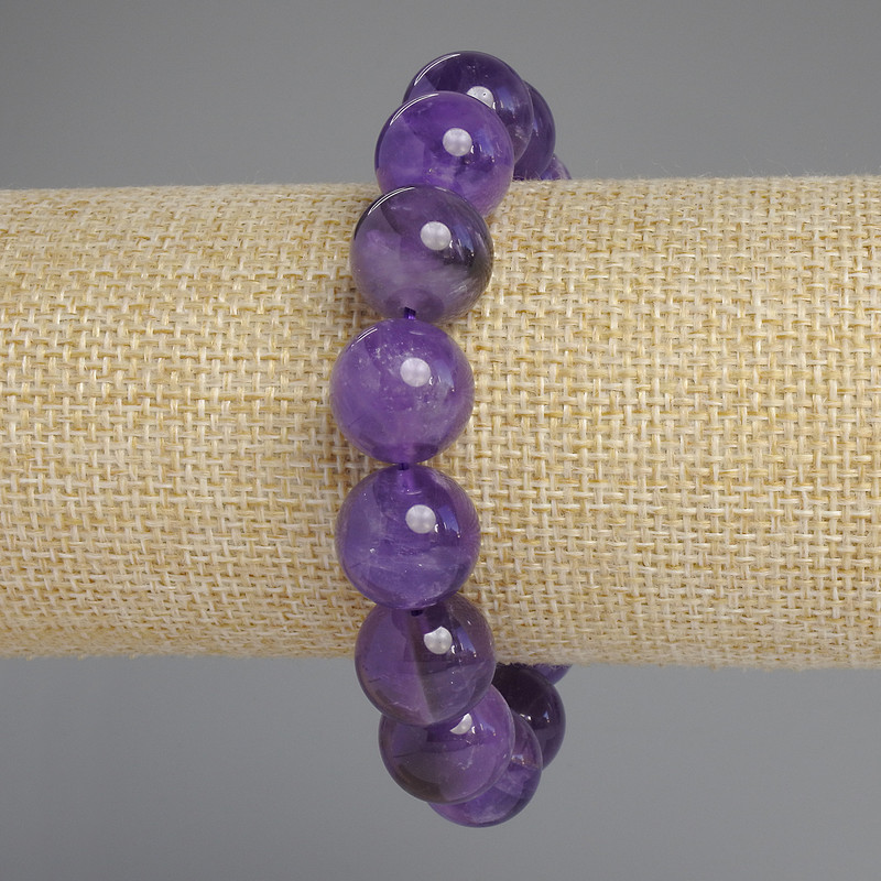 Amethyst bracelet with smooth beads, 14 mm diameter, 18 cm length, stretch