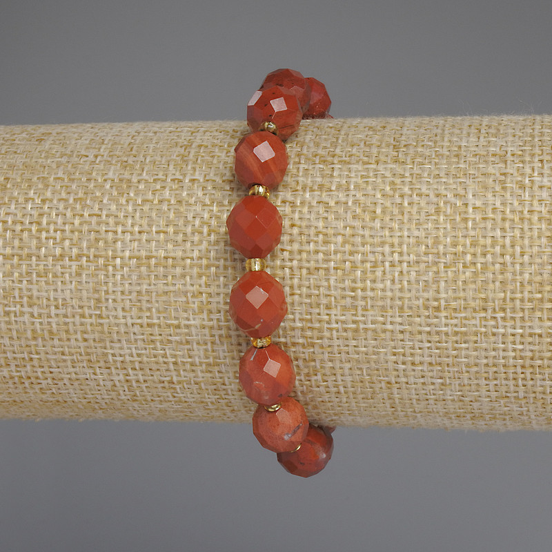 Red Jasper Bracelet with Faceted Beads 10x9 mm, 3 mm Seed Beads, 18 cm Length, Stretch