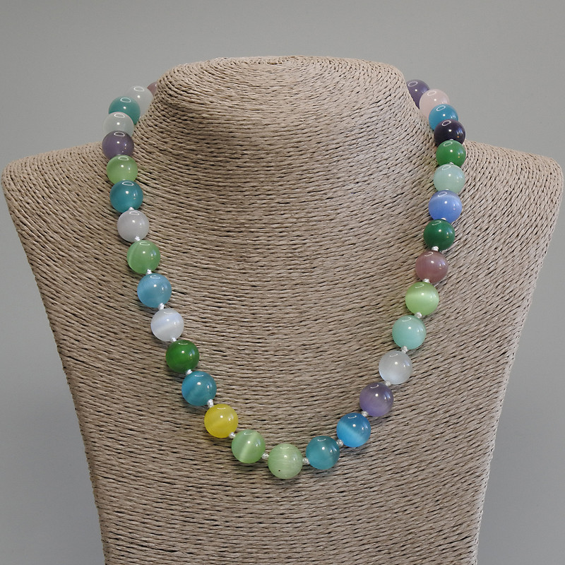 Multicolored Cat's Eye Necklace with smooth beads, 11.5 mm diameter, length 50 cm + 5 cm extender chain