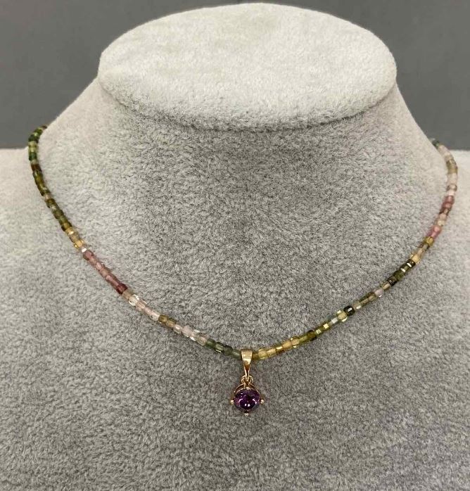 Tourmaline necklace with faceted cubes 2x2 mm, pendant 14x6 mm, length 42 cm + 5 cm extension chain