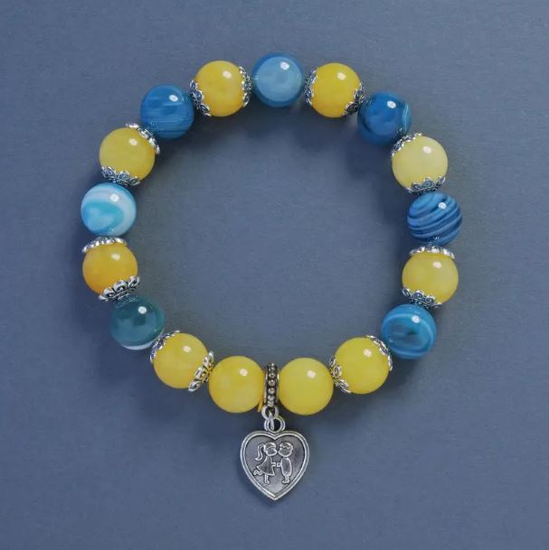 Yellow-Blue Bracelet with Agate and Citrine (artificial) Smooth Beads, 10mm Diameter, 18cm Length, Stretch with Heart Pendant