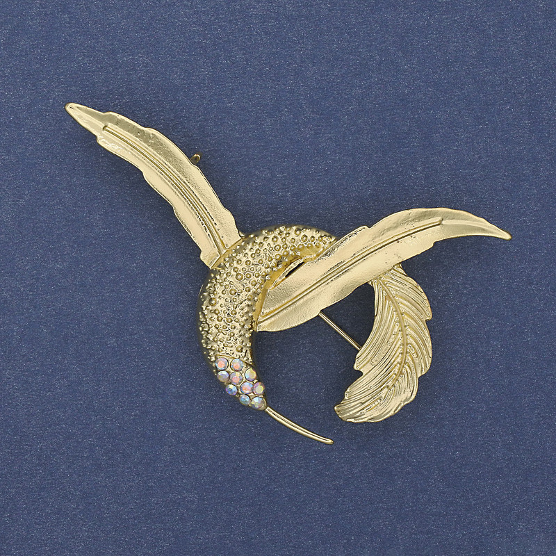 Hummingbird Brooch with Rainbow Crystals, Golden Metal 56x40mm+