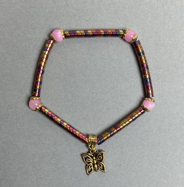 Hematite Wave Bracelet 4x2 mm ± Pink Quartz (Synthetic) Bead 6 mm ±, 18 cm Length Stretch