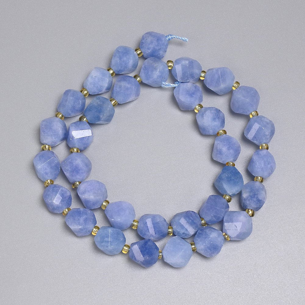 Aquamarine Beads, Faceted Diamond Shape 10x9 mm +/-; 3 mm Beads +/-; Length 39 cm +/- on Thread