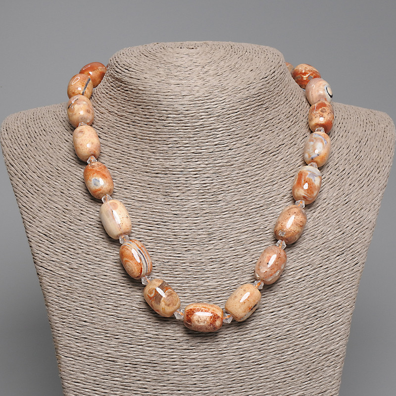 Desert Jasper Barrel Bead Necklace, diameter approx. 18×13 mm, 5 mm seed beads, 45 cm length, with clasp