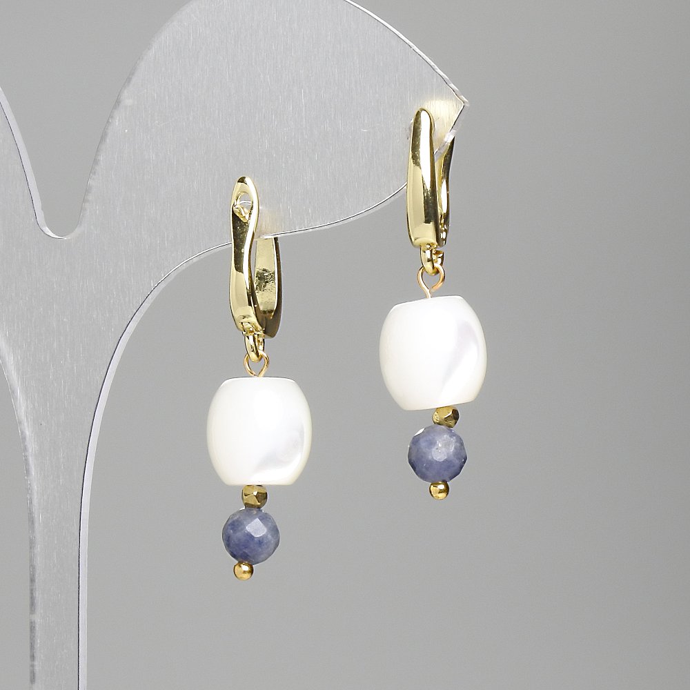 Earrings with Mother-of-Pearl Barrel (10x9) and Faceted Sapphire Ball (5.5 mm), Length 33 mm