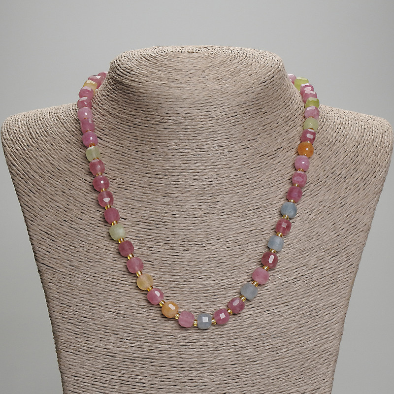 Tourmaline Necklace with Faceted Cubes, 7×7 mm diameter, 3 mm seed beads, length about 45 cm with clasp