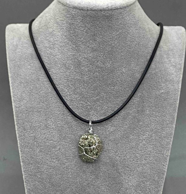 Unpolished Pyrite Pendant in Braided Wrap, Assorted Diameters 25x12x37-20x15x30 mm +/- on Cord, Length 50 cm +/- Chain