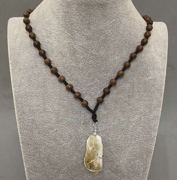 Unpolished Citrine Pendant Wrapped, 38×47×17 mm ±, on a bead-embellished cord, 60 cm length