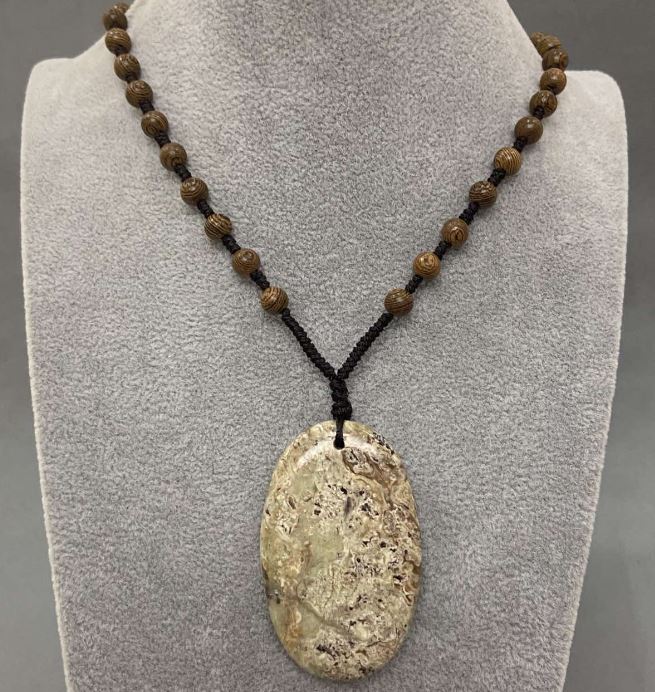 Natural Picasso Jasper pendant on a beaded cord, 31×51 mm, length 60 cm+