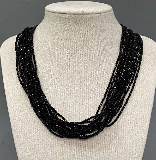 Multi-strand Necklace (15 strands) Black Agate, Faceted Beads 2 mm, 50 cm length + 5 cm Extender Chain