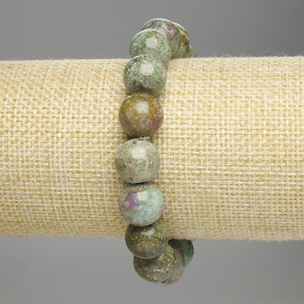 Fuchsite bracelet with ruby inclusions, smooth beads, 12 mm diameter +/-, 18 cm length +/- stretch