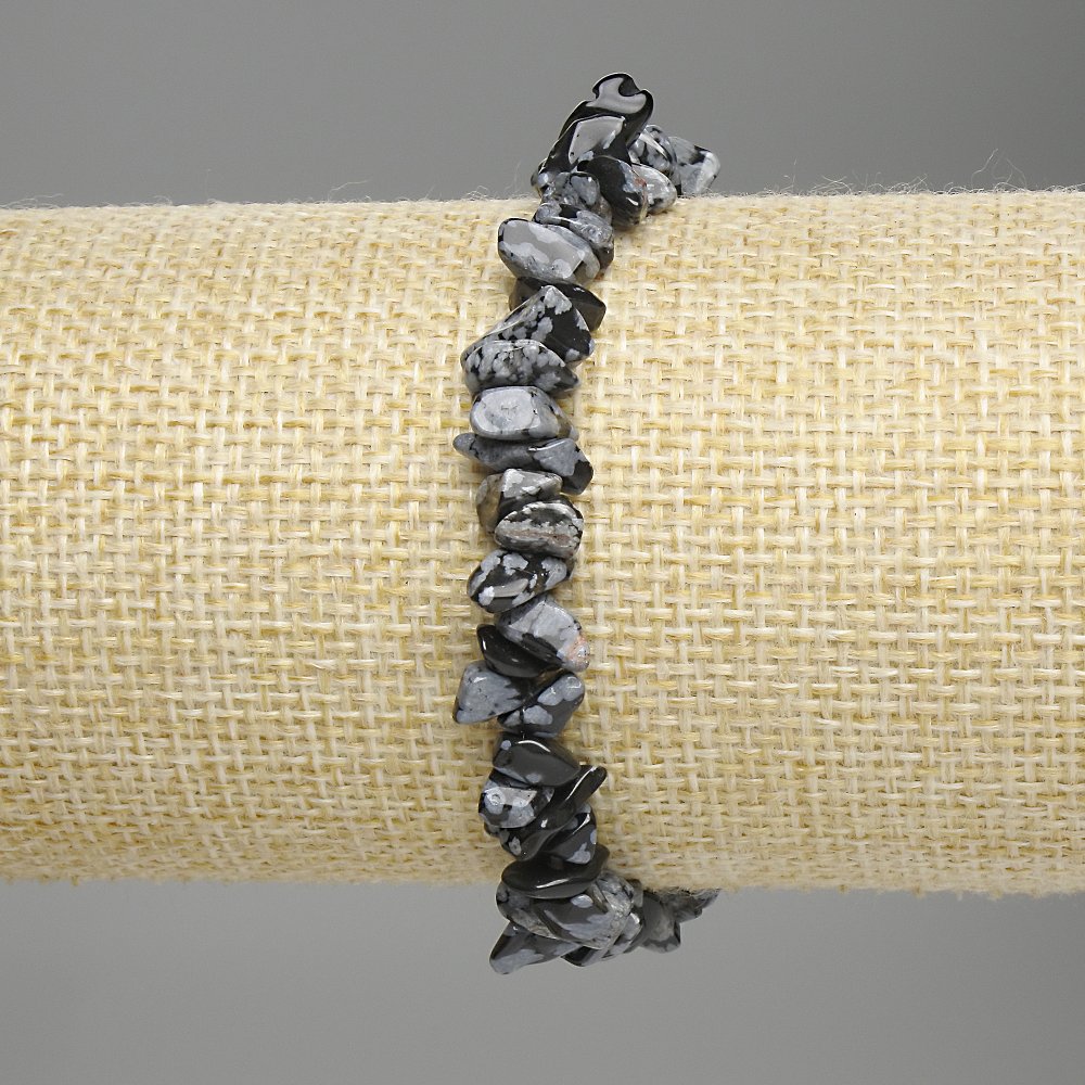Snowy Obsidian Chip Bracelet, chip size 6–9 × 2–4 mm, length 18 cm, stretchy