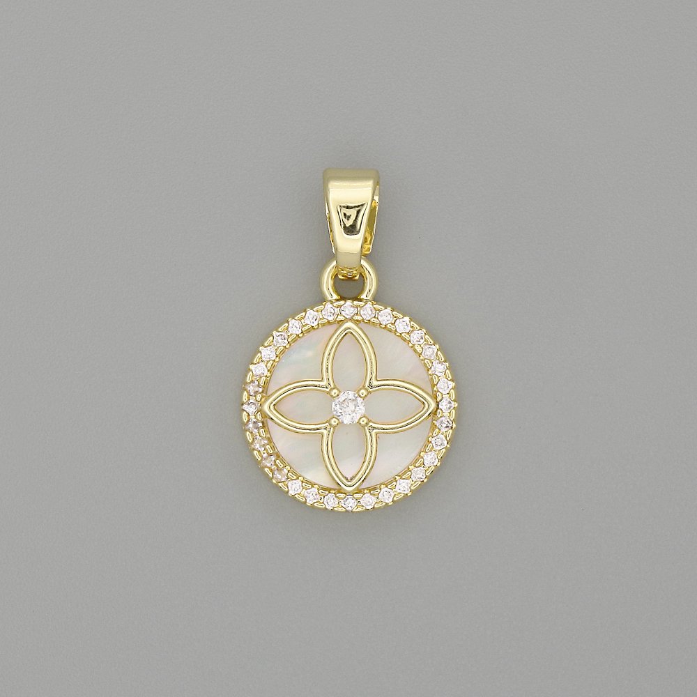 Pendant with mother-of-pearl clover in a circle of rhinestones, gold-tone metal, 20x13mm+