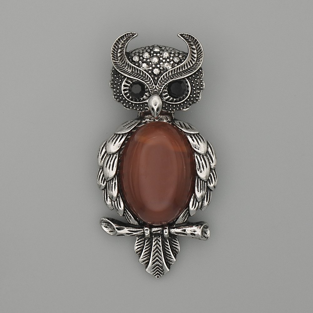 Owl Brooch-Pendant with Carnelian