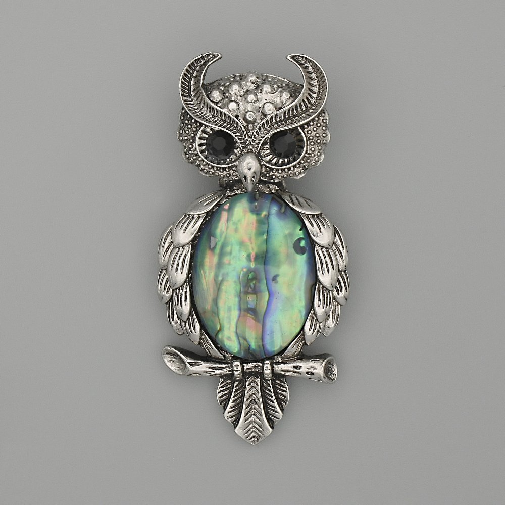 Owl Abalone Brooch-Pendant, 60×29 mm, with Black Crystals, Silver-Tone Metal