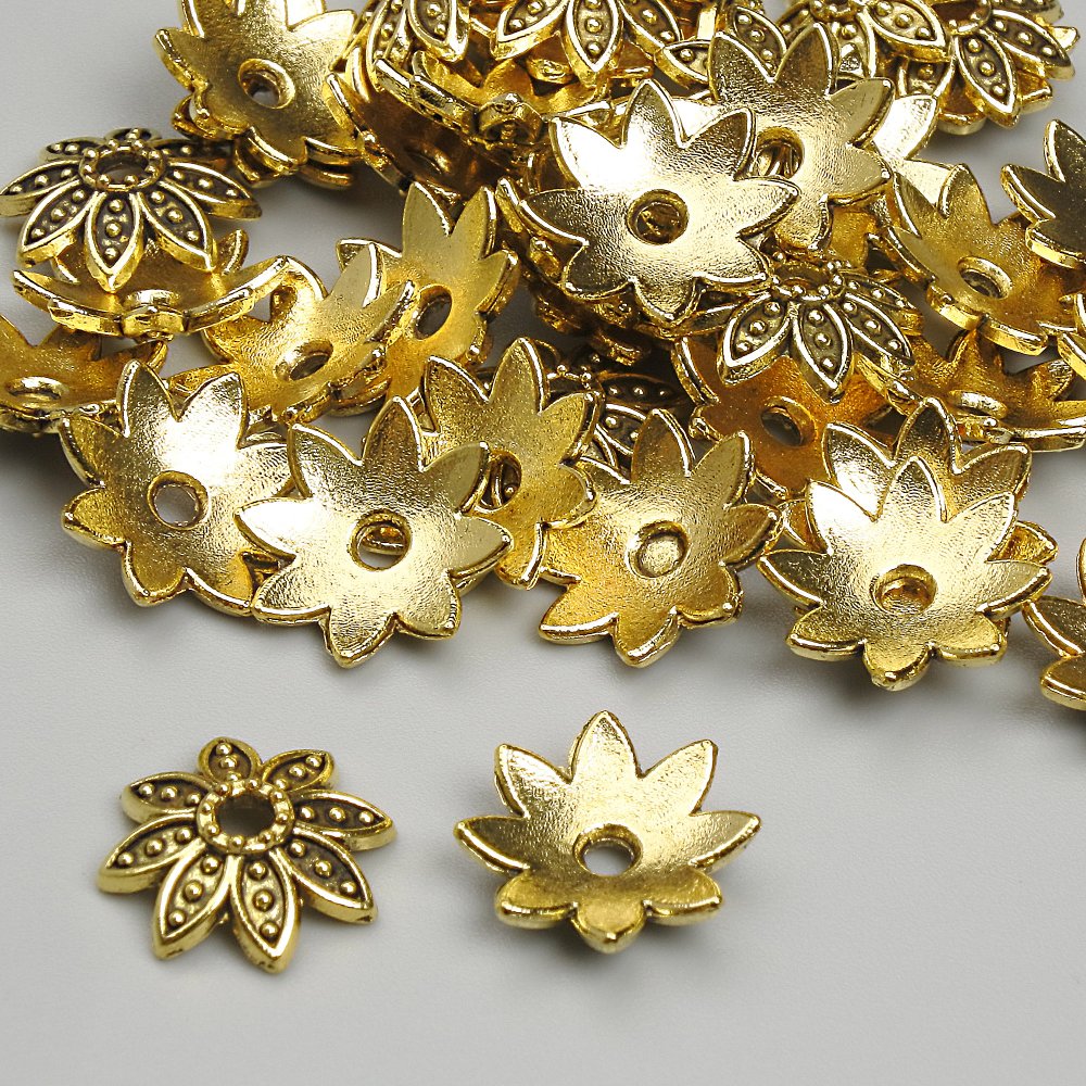 Bead caps, gold-tone, diameter 11.5 mm, hole diameter 2 mm, packaging 20 g (~45 pcs)
