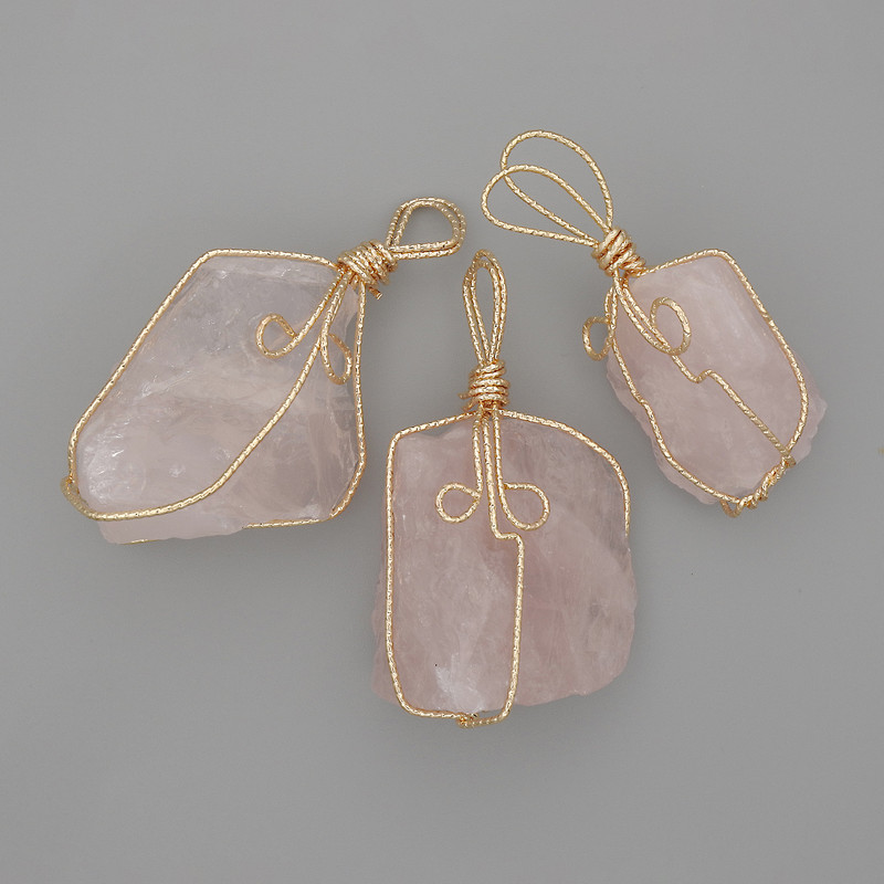 Pink Quartz Pendant with Unpolished Stone in Golden Wire Wrap 55x26mm +/- Assorted Sizes