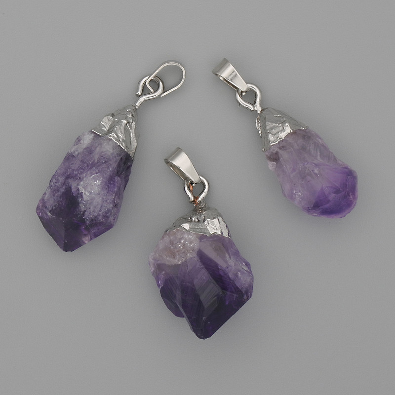 Amethyst Pendant with Raw Stone, Silver-Tone Metal, 20–26×11–15 mm, Assorted Sizes