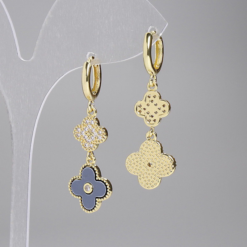 Shamrock Earrings with Gray Elements and White Crystals, Gold-Tone Metal, Diameters 10mm and 14mm, Length 42mm
