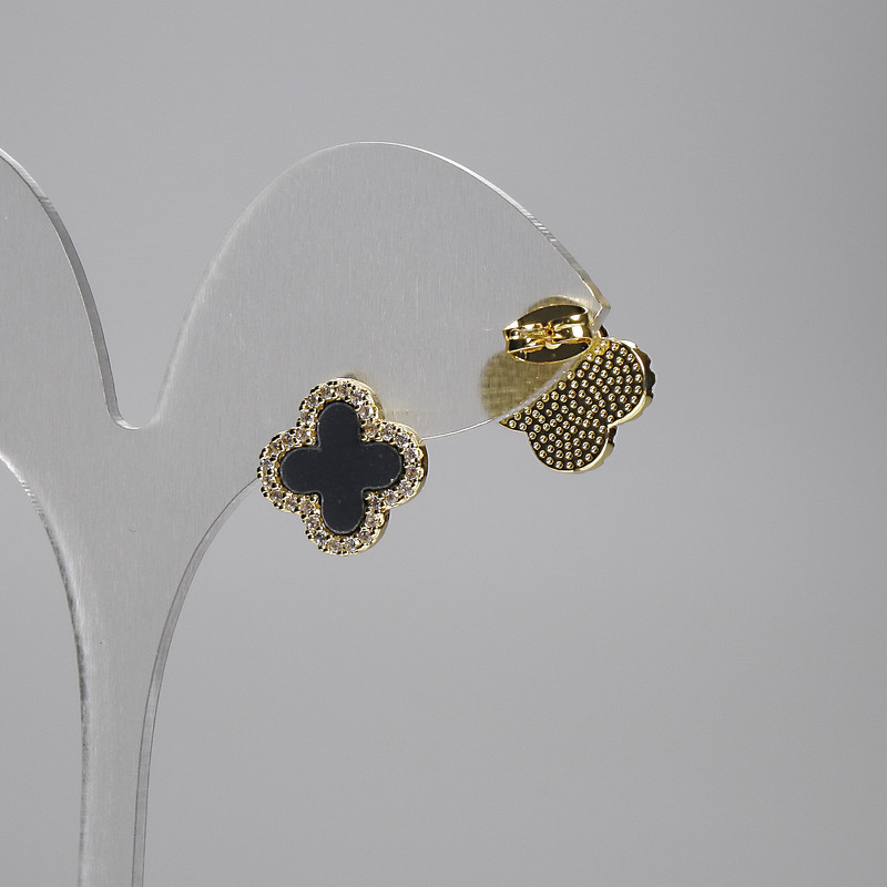 Shamrock stud earrings - black with white crystals, gold-tone metal, 14 mm diameter+