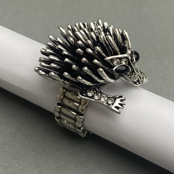 Ring 'Hedgehog Sonic' 30x33x17 mm ± white and black rhinestones, silver-tone metal, on elastic band, 10x5 mm links