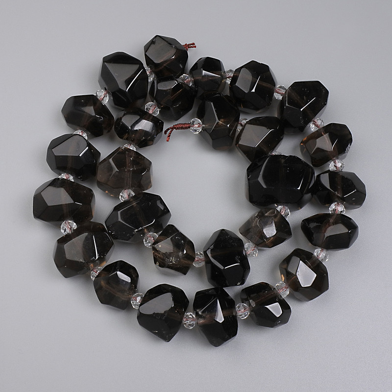 Smoky quartz beads, faceted, 15–20×12–15 mm, 4 mm seed beads, on thread, 40 cm length