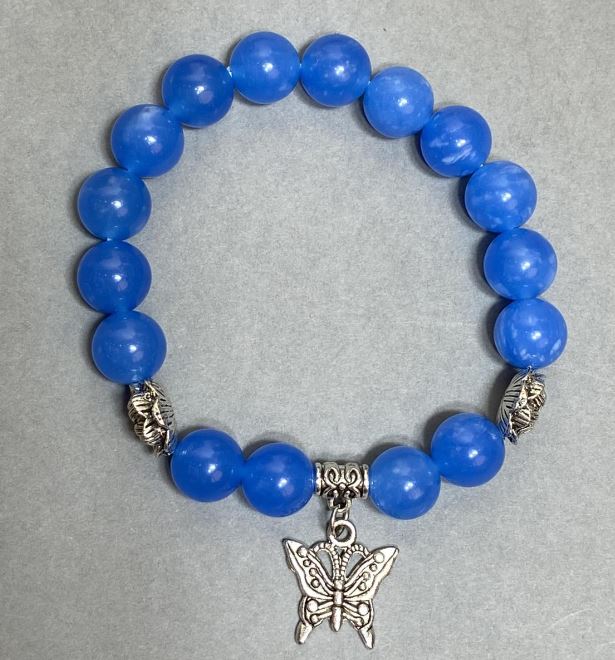 Aquamarine Bead Bracelet 6mm +/- with Metal Inlays, 18 cm +/- Elastic