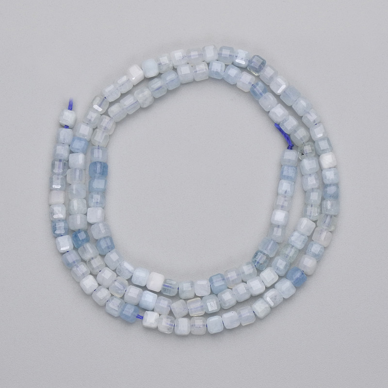 Aquamarine beads, faceted cubes, 3×3 mm, on thread, length 39 cm+