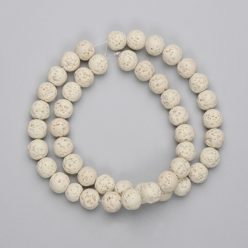 Beige lava beads, round, 8 mm diameter, on beading thread, 38 cm length
