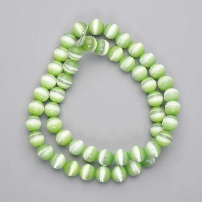 Beads Lime Cat's Eye, Synthetic Stone, Smooth Round Beads, 8 mm Diameter on Thread, 39 cm Length