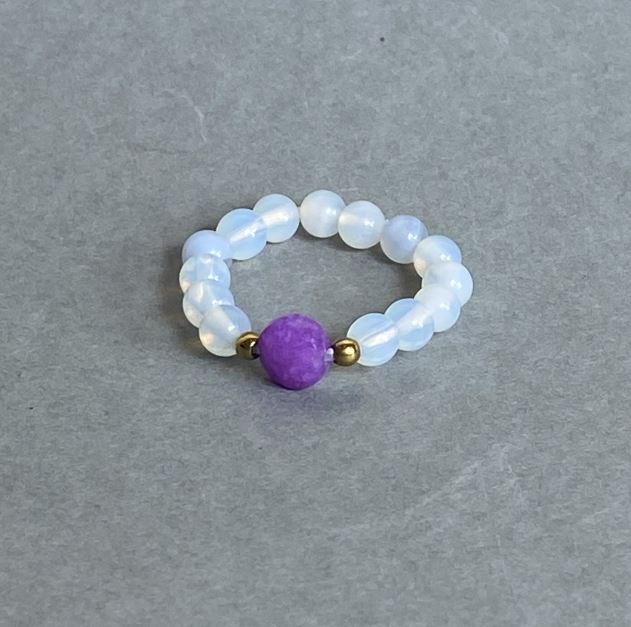 Opalite Ring with Smooth 4mm Bead, 6mm Faceted Tourmaline Coin, and 2mm Hematite on Elastic Stretch