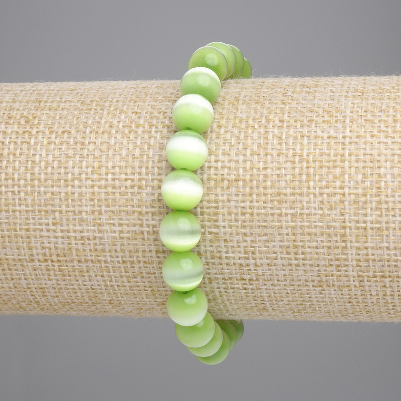 Salad-green Cat's Eye Bracelet with Smooth Beads, 8mm Diameter, 18cm Length, Stretch