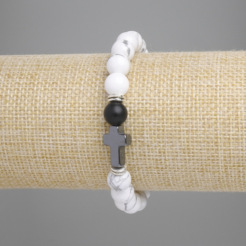 Cacholong Bracelet with Smooth Beads, 8 mm Diameter; Hematite Cross 14×9 mm; Length 18 cm; Elastic