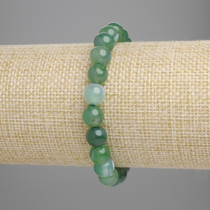 Green Agate Bracelet with Smooth Beads, 8 mm Diameter, 18 cm Length, Elastic