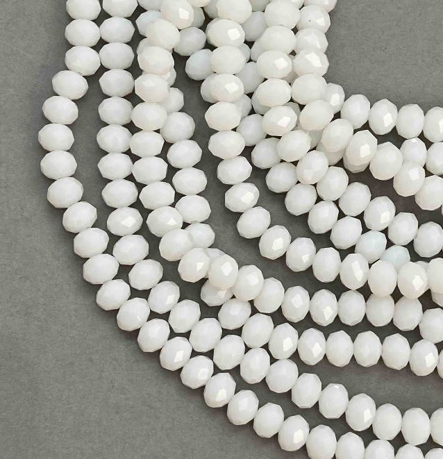 White Matte Czech Crystal Beads on Fishing Line, Faceted Rondelle, 8×6 mm, 39 cm long