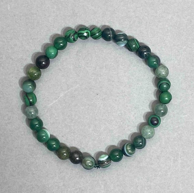 Bracelet with Agate, Malachite, and Jadeite — smooth beads, 6mm diameter, 18 cm length, stretchy