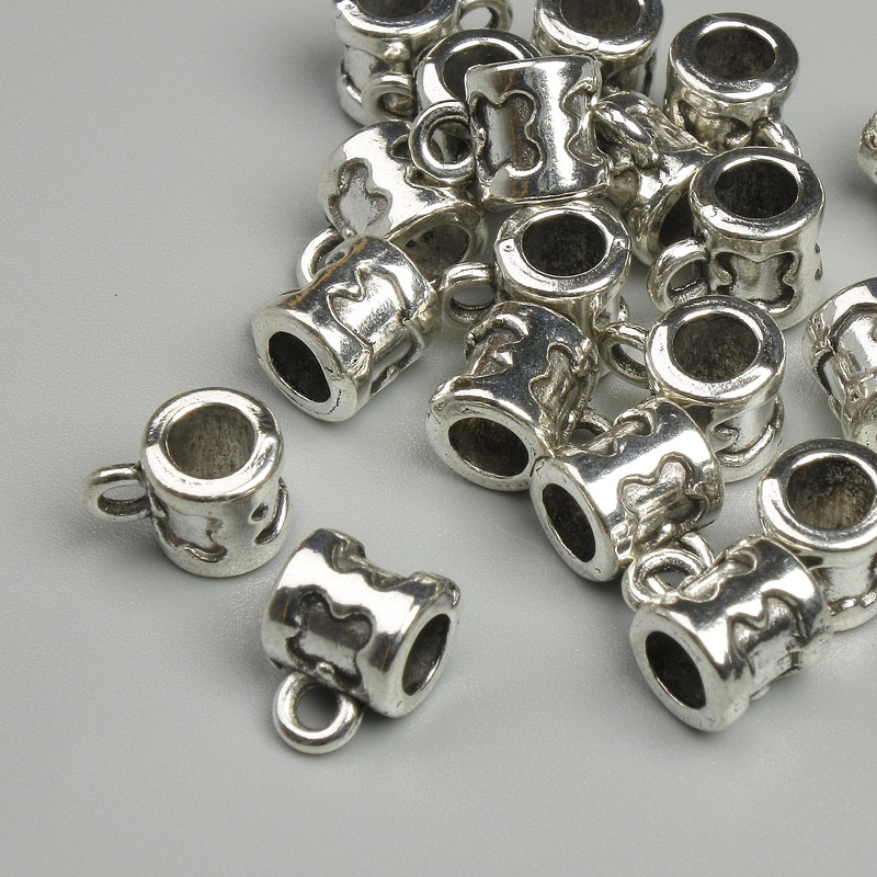 Silver-tone Bail Findings, metal color silver, size 6x8 mm ±, holes with diameters 2.2 mm and 4 mm ±, packaging 19 pcs